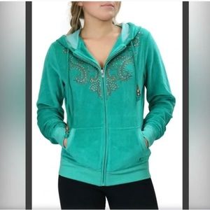 Miss Me Velour Zip Up Hoodie With Stud Embellishes